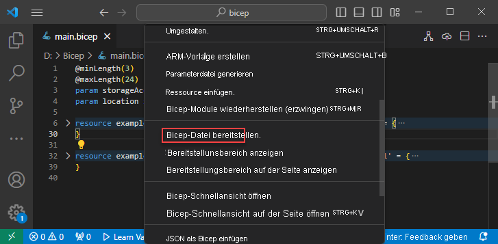 Screenshot of Deploy Bicep file.