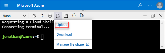 Screenshot: Azur Cloud Shell-Benutzeroberfläche, in der die Option zum Hochladen von Dateien hervorgehoben ist.