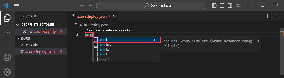 Screenshot showing Azure Resource Manager scaffolding snippets.