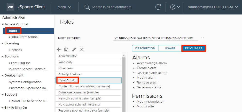 Screenshot: Rollen und Berechtigungen für CloudAdmin im vSphere-Client