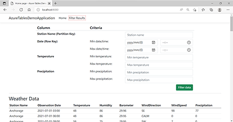 Screenshot: Anwendung mit der Seite „Filterergebnisse“ und Hervorhebung des Menüelements, das zum Navigieren zur Seite verwendet wird.