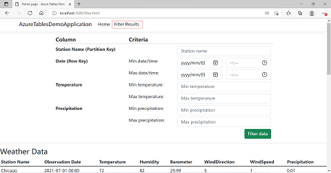 Screenshot: Anwendung mit der Seite „Filterergebnisse“ und Hervorhebung des Menüelements, das zum Navigieren zur Seite verwendet wird.