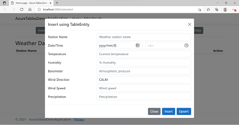 Screenshot: Anwendung mit dem Dialogfeld zum Einfügen von Daten mithilfe eines TableEntity-Objekts.