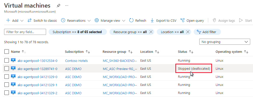 Azure Virtual Machines showing a deallocated machine.