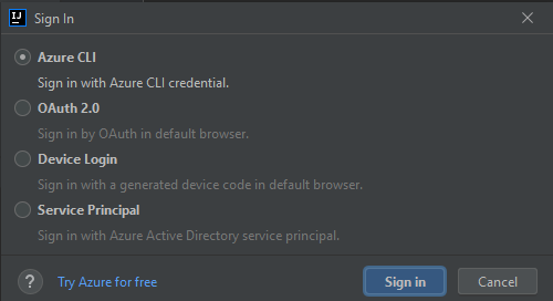The Azure Sign In window with Azure CLI selected.