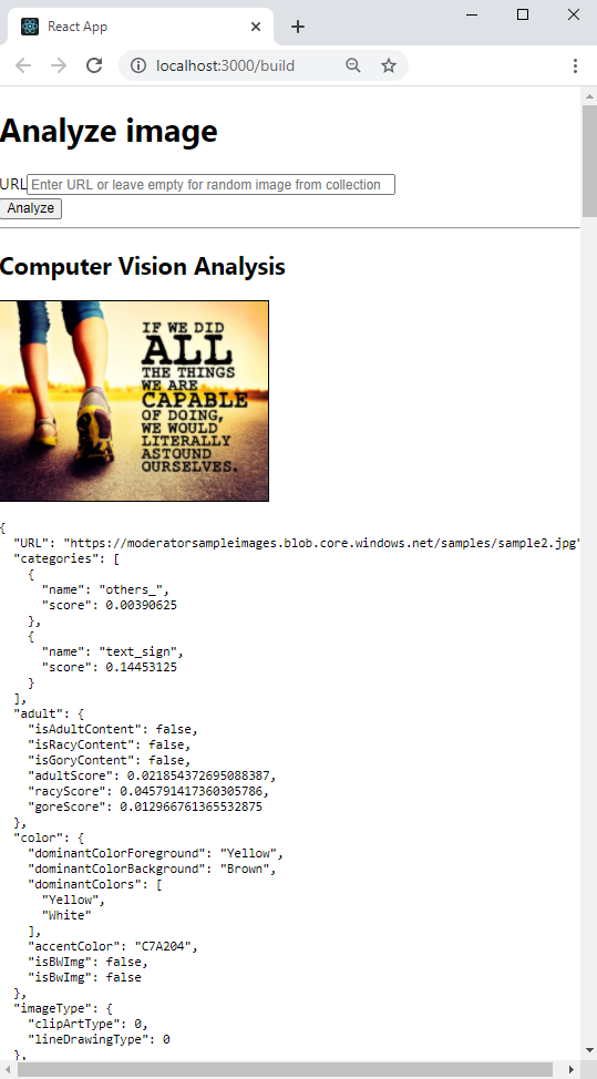 Partial browser screenshot of React Cognitive Service Computer Vision sample results.