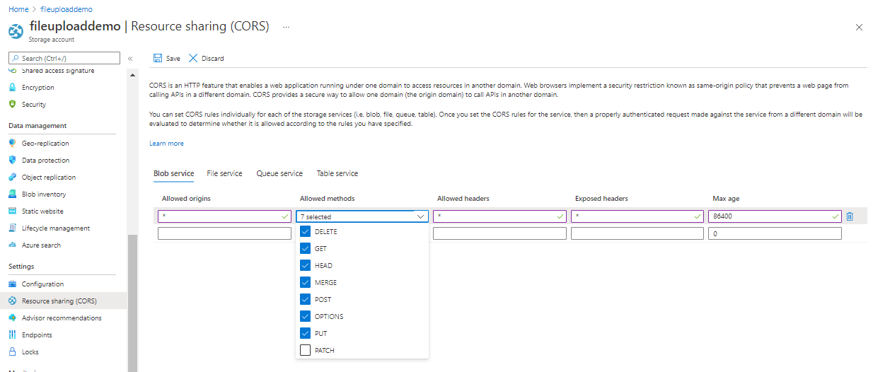 Configure CORS as show in the image. The settings are explained below the image.