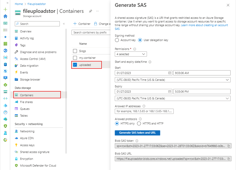 Configure the SAS token as show in the image. The settings are explained below the image.