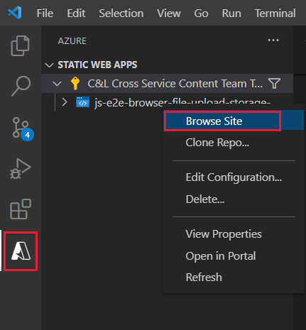 Partial screenshot selecting Browse Site from the Azure Static web site.