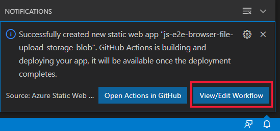 Partial screenshot of Visual Studio Code notification pop-up with View/Edit Workflow button highlighted.