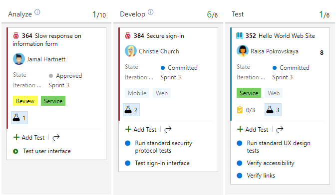 Screenshot of Kanban board, 3 columns showing inline tests added and linked to bugs.