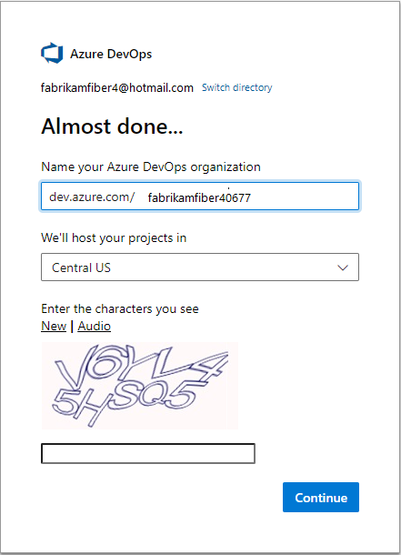 Get started with Azure DevOps, choose organization name and region.
