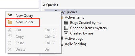 Screenshot: Visual Studio, geöffnetes Kontextmenü und Auswählen von „Neuer Ordner“.