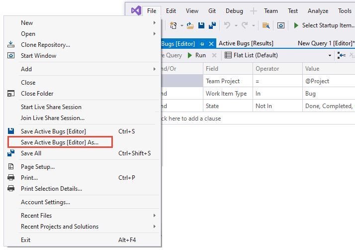Screenshot: Visual Studio, Menü „Datei“, „Abfrage speichern unter“.