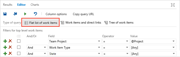 Screenshot of Query Editor with flat list of work items selected, TFS 2018 and earlier versions.