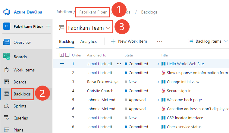 Screenshot that shows Open Boards, Backlogs, and select a team.