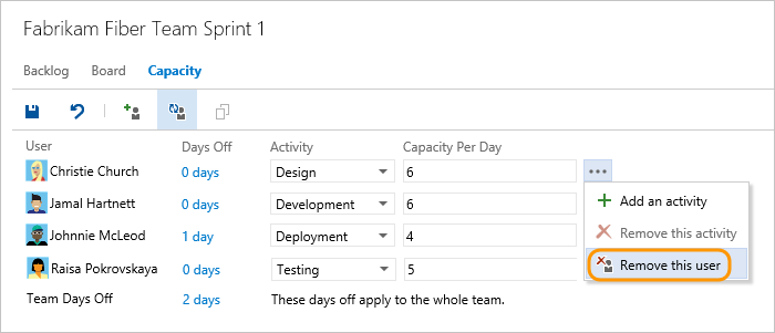 Screenshot of Copy capacity Capacity planning, Remove a user, earlier versions.