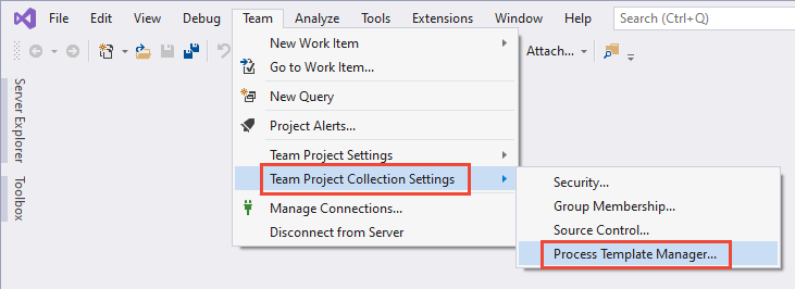 Screenshot that shows Open Process Template Manager from Visual Studio 2019.
