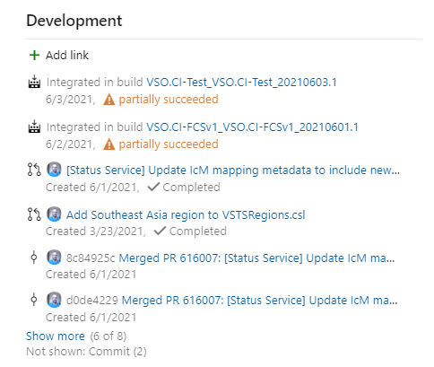 Screenshot of Development control showing several links.