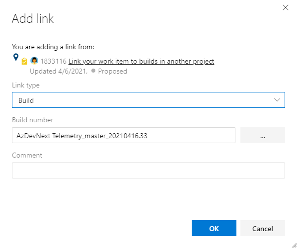 Add link dialog with Build number filled in. 