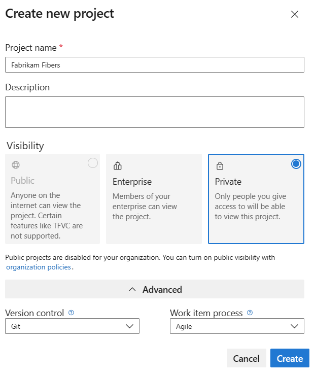 Create new project form, latest Azure DevOps