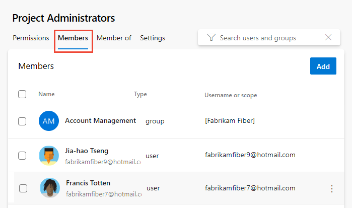 Project Settings, Permissions page, Add member