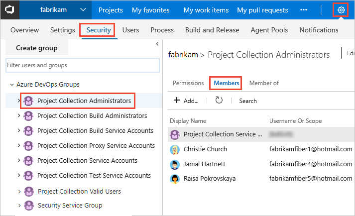 Security, Project Collection Administrators group, Members tab