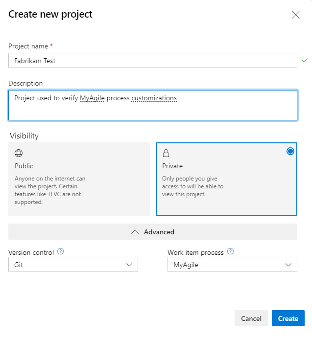 Screenshot of Create new project form