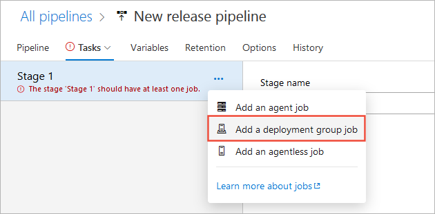 A screenshot showing how to add a deployment group job