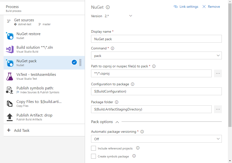 Screenshot showing the NuGet pack task in Azure Pipelines.