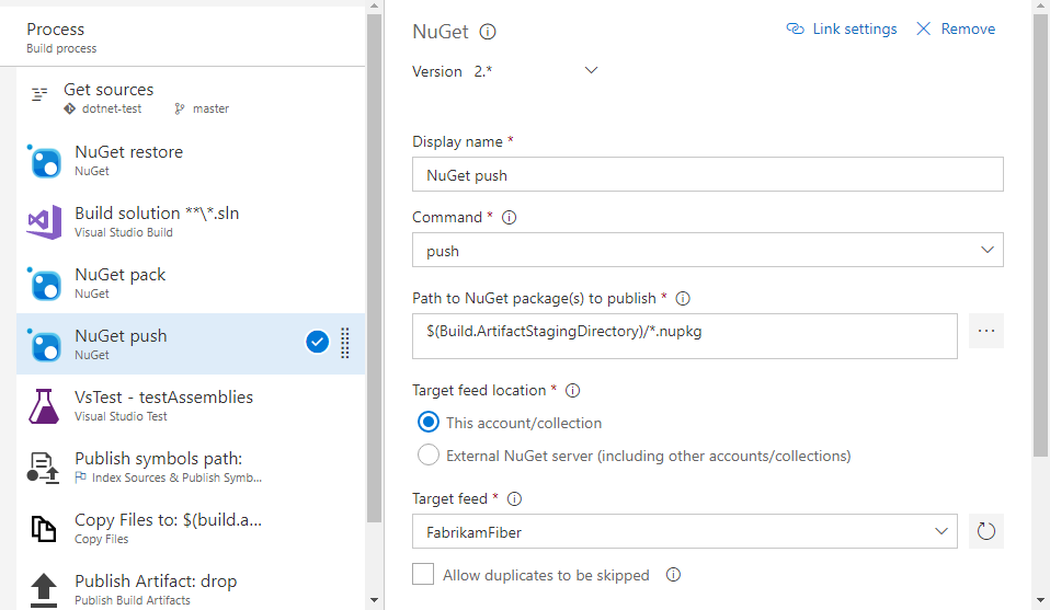 Screenshot showing how to configure the NuGet task in Azure Pipelines
