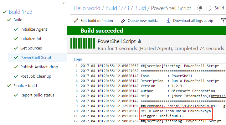 build summary powershell script log