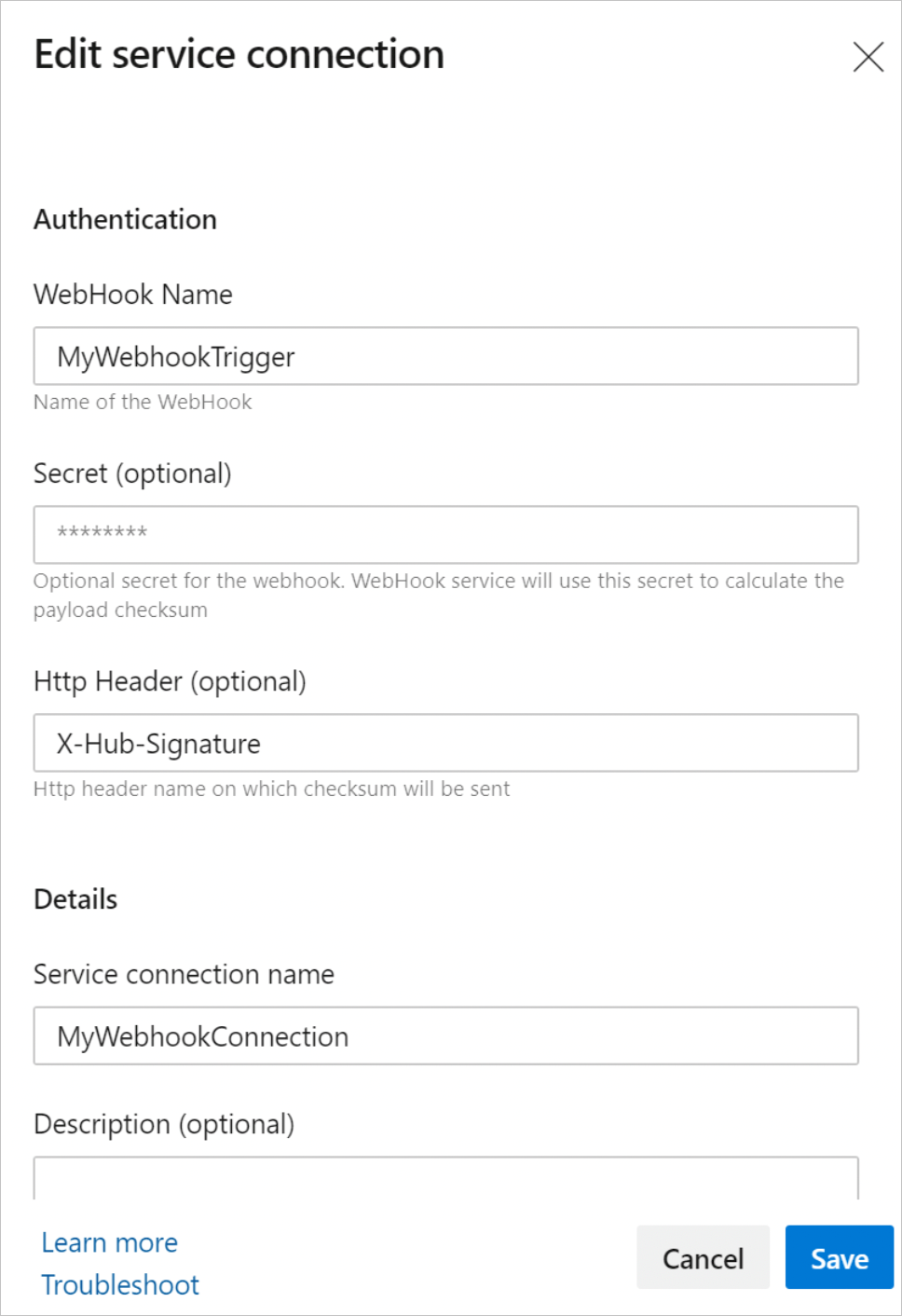 Incoming Webhook Service connection