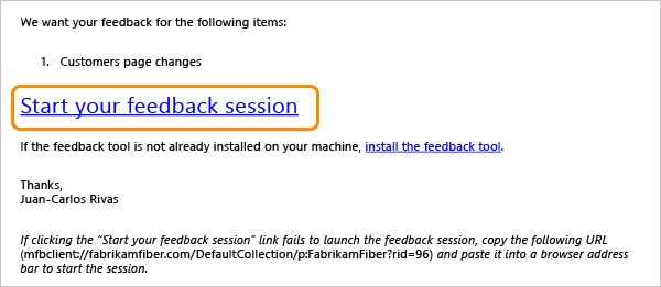 Start your feedback session link on the Feedback Request email