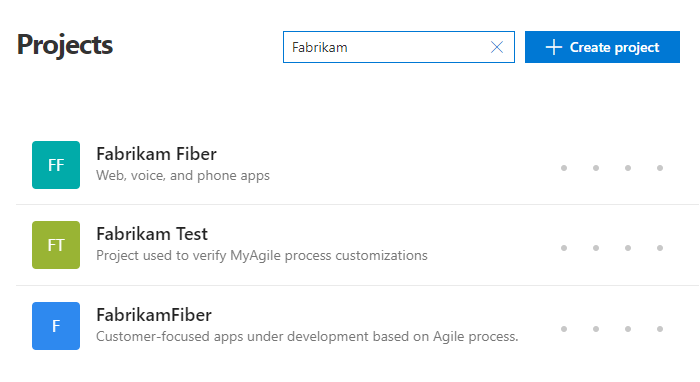 Projects page, filter on Fabrikam