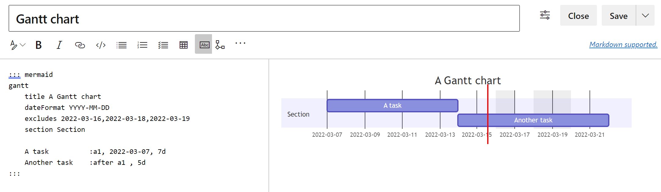 image showing the Mermaid Live Editor with code and preview for Gantt chart.