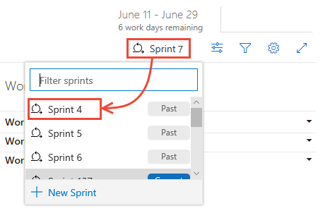 Select a past sprint from the sprint selector