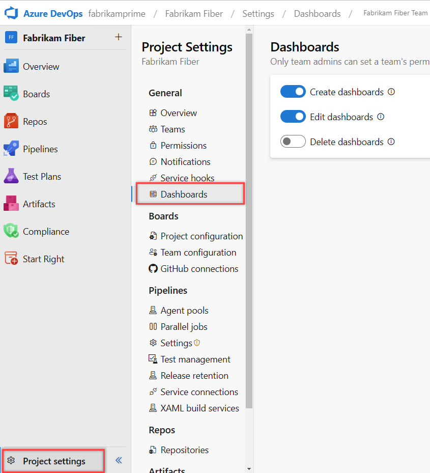 Screenshot des Webportals, Project Einstellungen, Öffnen von Dashboards, Azure DevOps Server 2019.