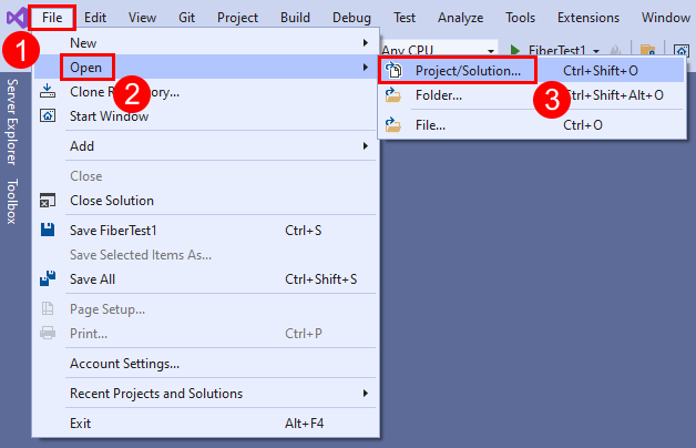 Screenshot of the Open Solution option in the File menu in Visual Studio 2019.