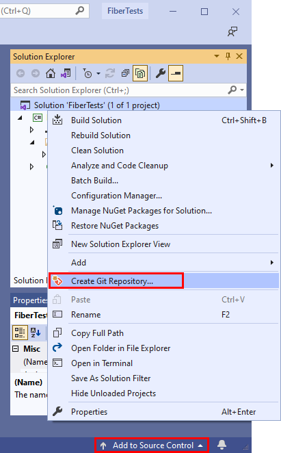 Screenshot der Option „Git-Repository erstellen“ im Kontextmenü „Projektmappen-Explorer“ in Visual Studio 2019.