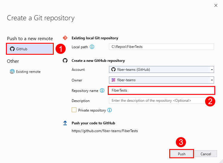Screenshot des Fensters „Git-Repository erstellen“ mit der URL eines leeren GitHub-Repositorys in Visual Studio 2019.