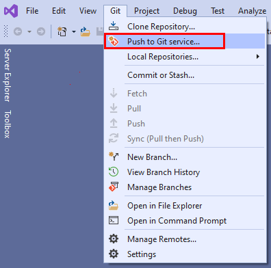 Screenshot der Option „Zum Git-Dienst pushen“ im Git-Menü in der Menüleiste von Visual Studio 2022.