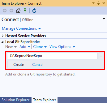 Screenshot des neuen Repositorypfads und der Schaltfläche „Erstellen“ im Abschnitt „Lokale Git-Repositorys“ der Ansicht „Verbinden“ von „Team Explorer“ in Visual Studio 2019.