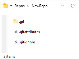 Screenshot des neuen Repositoryordners im Windows-Datei-Explorer mit einem Git-Ordner, einer Git-Datei und einer .gitattributes-Datei.