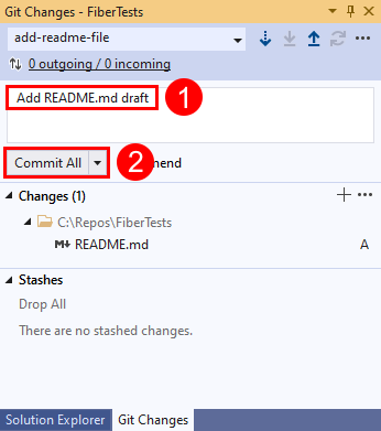 Screenshot: Schaltfläche „Alle committen“ im Fenster „Git-Änderungen“ in Visual Studio.