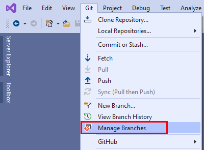 Screenshot of the Manage Branches option in the Git menu of Visual Studio 2019.