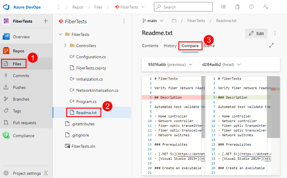 Screenshot: Ansicht „Vergleichen“ für Dateien auf der Azure DevOps-Projektseite.