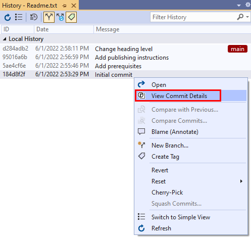 Screenshot: Option „Commitdetails anzeigen“ im Commitkontextmenü in der Verlaufsansicht eines Commits in Visual Studio 2019.