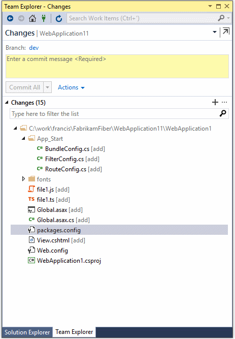 Create a commit from staged items in Visual Studio.