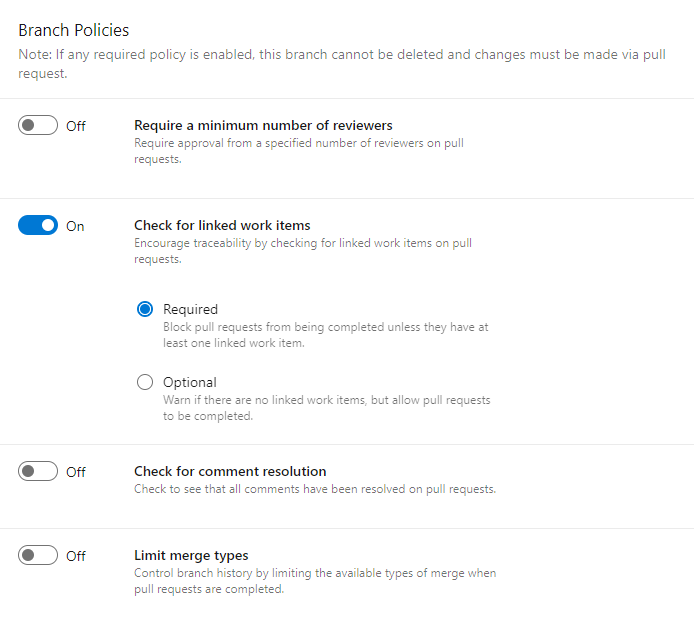 Screenshot of Project Settings>Repositories>Branch Policies showing check for linked work items option.